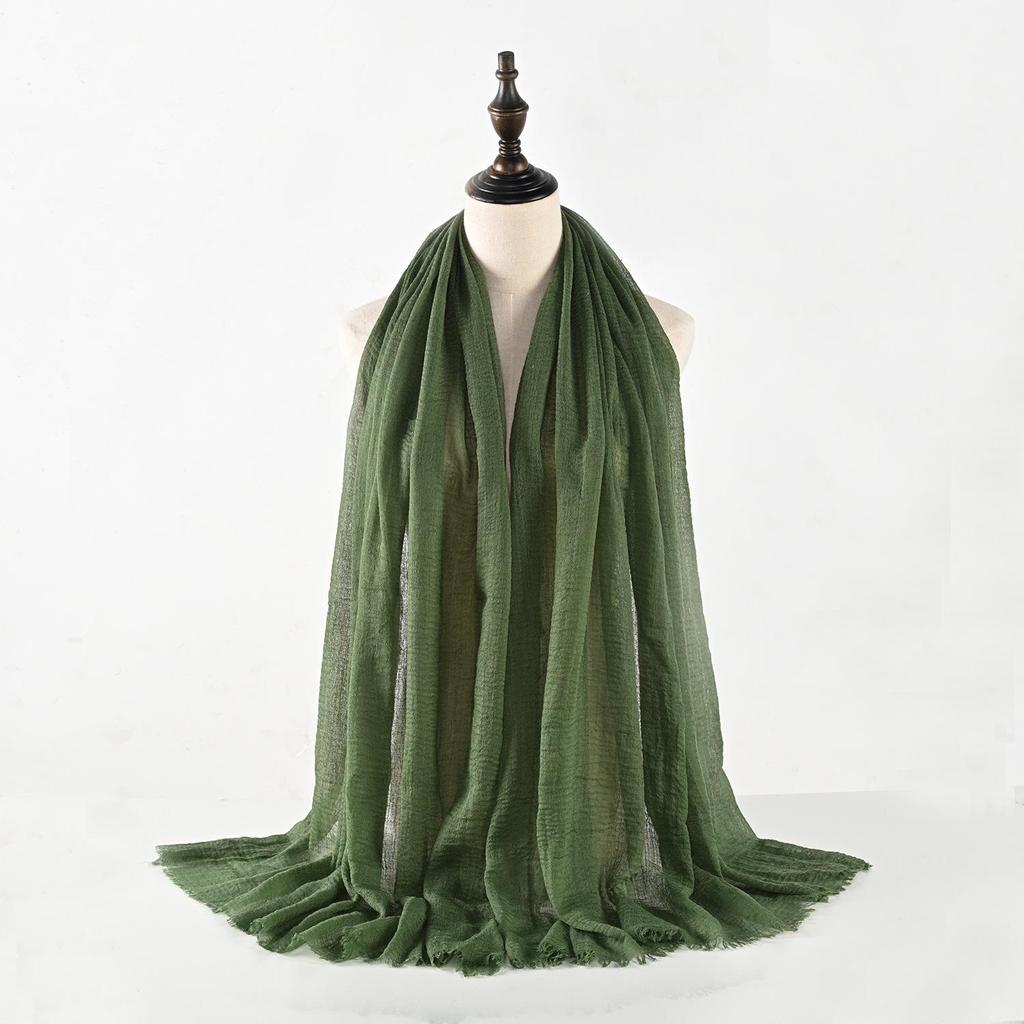 Crinkled Cotton-Linen Blend Scarf with Fringe - Solid Color, 90x180cm, Women's Headscarf