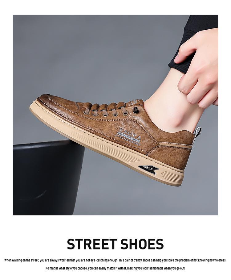 White Men's Business Casual Leather Sneakers Handmade Stitched Cowhide Youth Style 7773