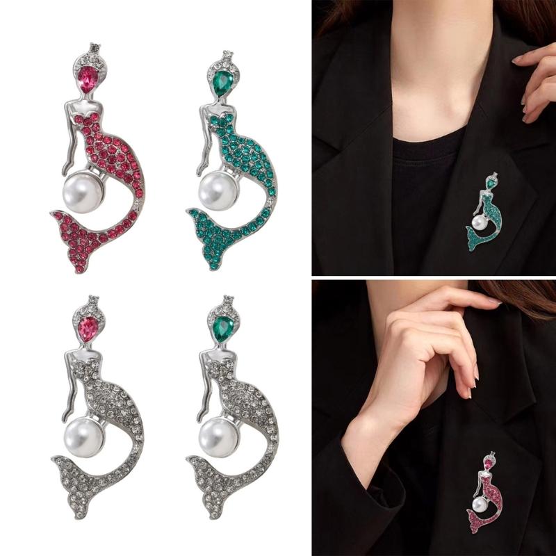 Fashionable Rhinestones Mermaids Lapel Pin with Dripping Oil Designs Contrast Accessory for Party Supplies Costumes