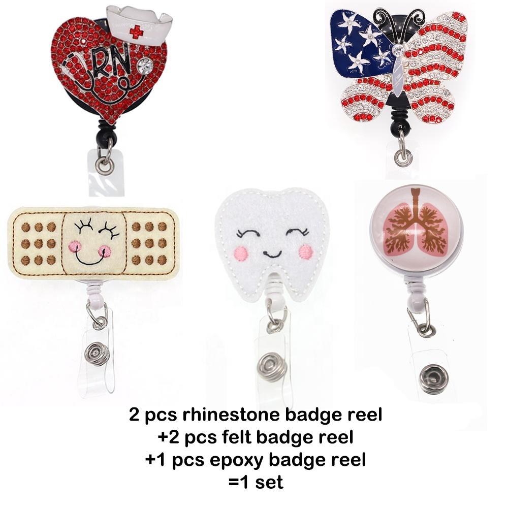 Custom Medical Nurse Accessories Rhinestone Felt Retractable Badge Reel With Alligator Clip Brooch Pins