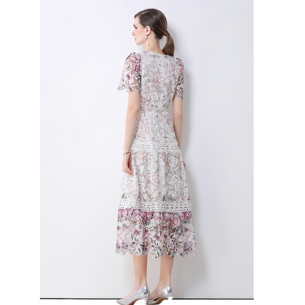 Summer Floral Print Long Dress V Neck Lantern Sleeves Embroidery Design Hollow Out Chic A Line Beachwear Female Dress