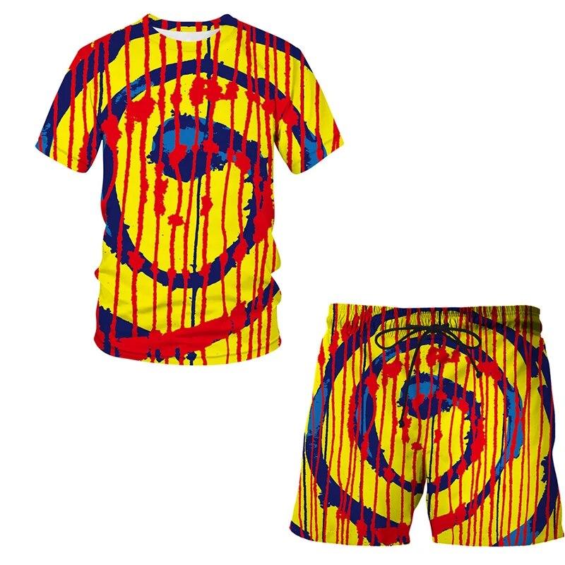 Summer fashion men's suit Abstract art pattern 3D T-shirt printed Lapel short sleeve shirt beach shorts Hawaiian men's suit 2pcs