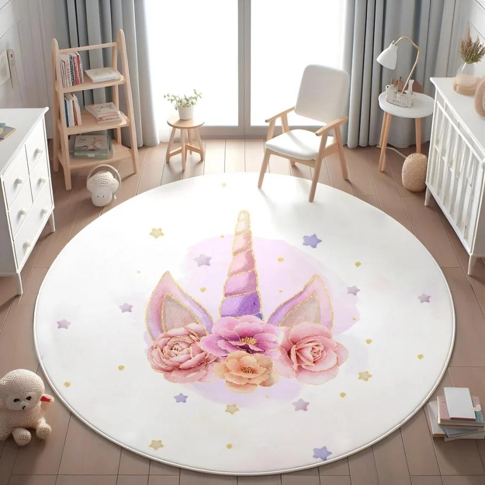 Enchanted Unicorn Floral Round Rug for Home Decor Magical Rainbow Playful Floor Mat for Kids Nursery Bedroom Fantasy Decor