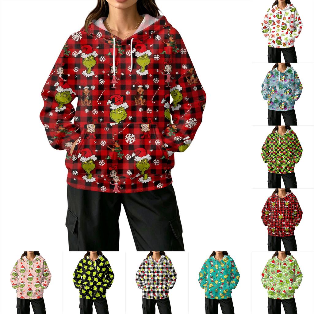 Women's Fashion Casual Christmas Print Hooded Sweatshirt with Pockets