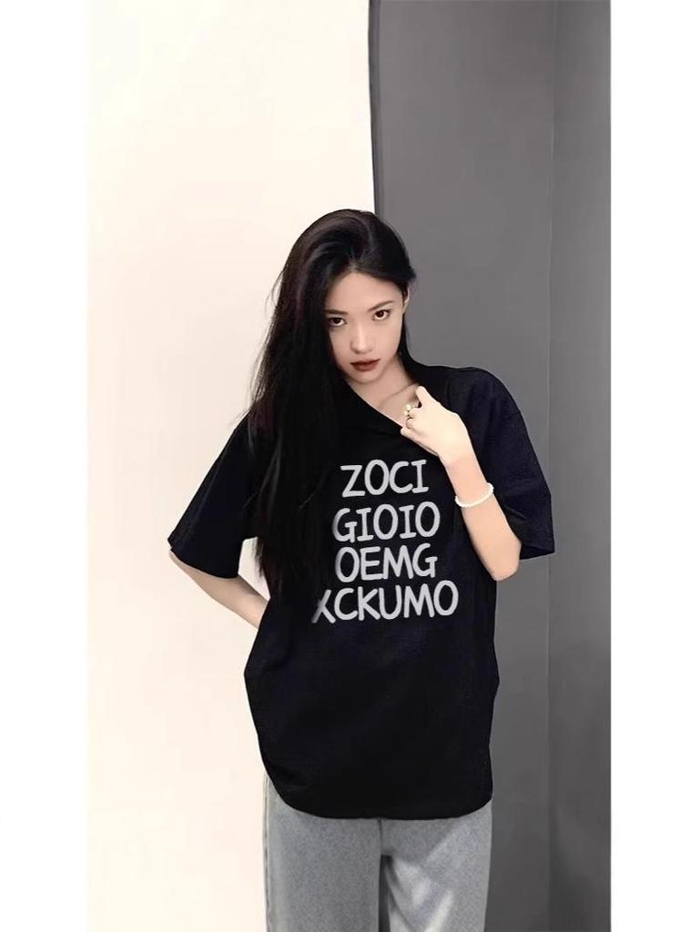 2025 Trendy Women's Pure Cotton Short Sleeve T-Shirt: European & American Style, Loose Straight-Shoulder Design