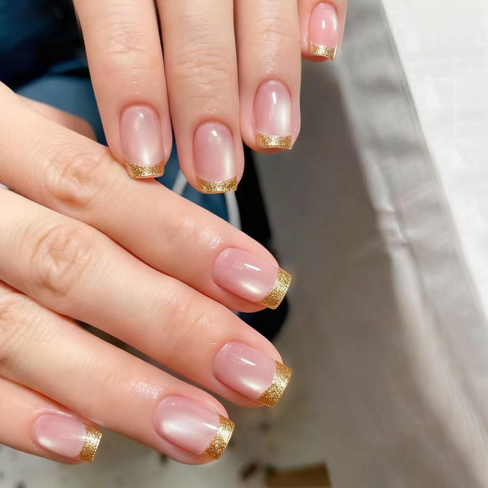 Gold French Manicure Detachable Cat Eye False Nails - Hot-Selling, Wearable Tips