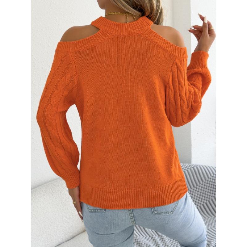 Womens Casual Solid Off Shoulder Long Sleeve Pullover Sweater