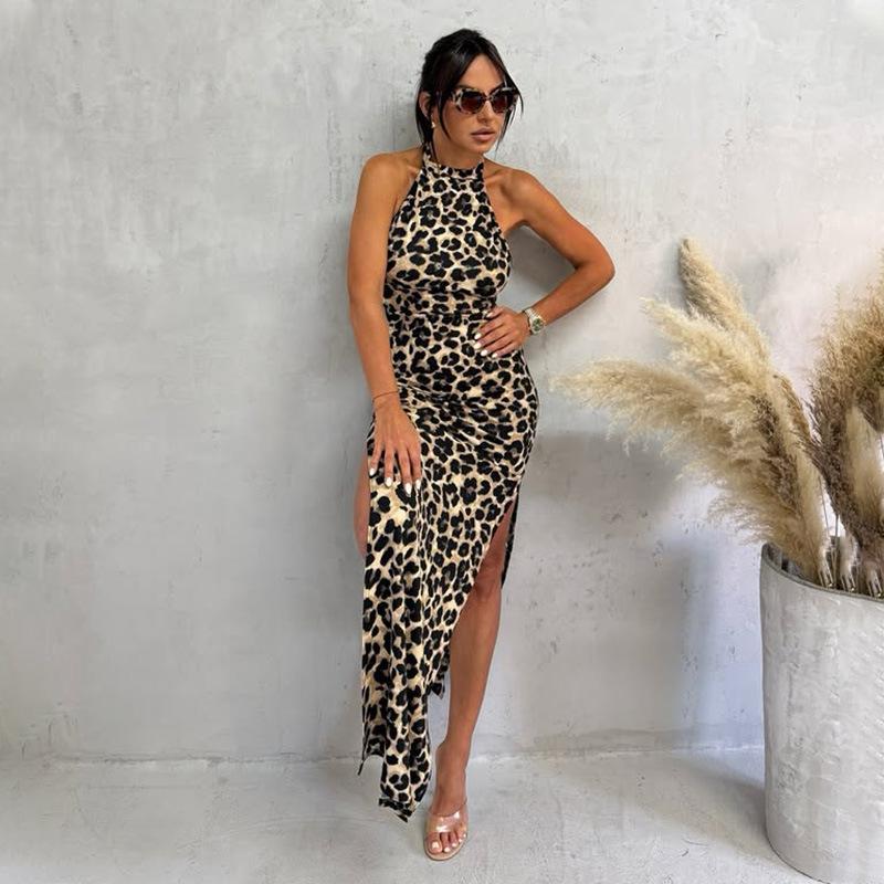 Temperament European and American style leopard print print neck halter split dress hip long dress dress