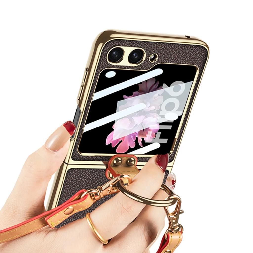 Luxury Plating Leather Shoulder Strap Case For Samsung Galaxy Z Flip 6 Screen Glass Ring Holder Cover For Galaxy Z Flip 5 Cases