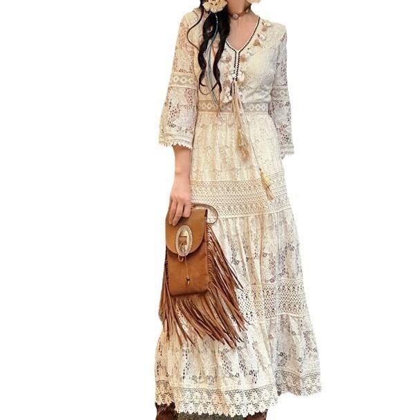 New slimming Bohemian fringe lace vacation style high-waisted slimming apricot long dress is super fairy-tale