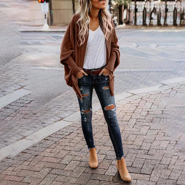 

Осенне-зимний длинный вязаный кардиган с рукавами «летучая мышь» большого размера, женская куртка L коричневый