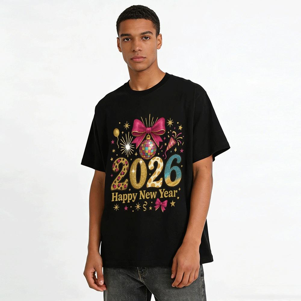 2026 Happy New Year Graphic Tee Animal Print Festival Holiday Top Pure cotton T-shirt