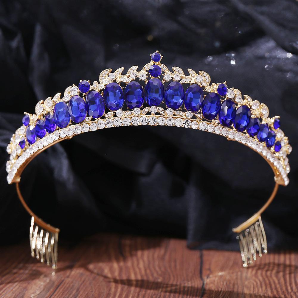 DIEZI Baroque Sweet Blue Crystal Crown Bride Tiara For Women Wedding Elegant Princess Headpiece Hair Zircon Punk Accessories