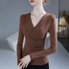 Damen Langarm Top Kreuz V-Ausschnitt Raffung in der Taille Netz Slim Fit Basic Bluse