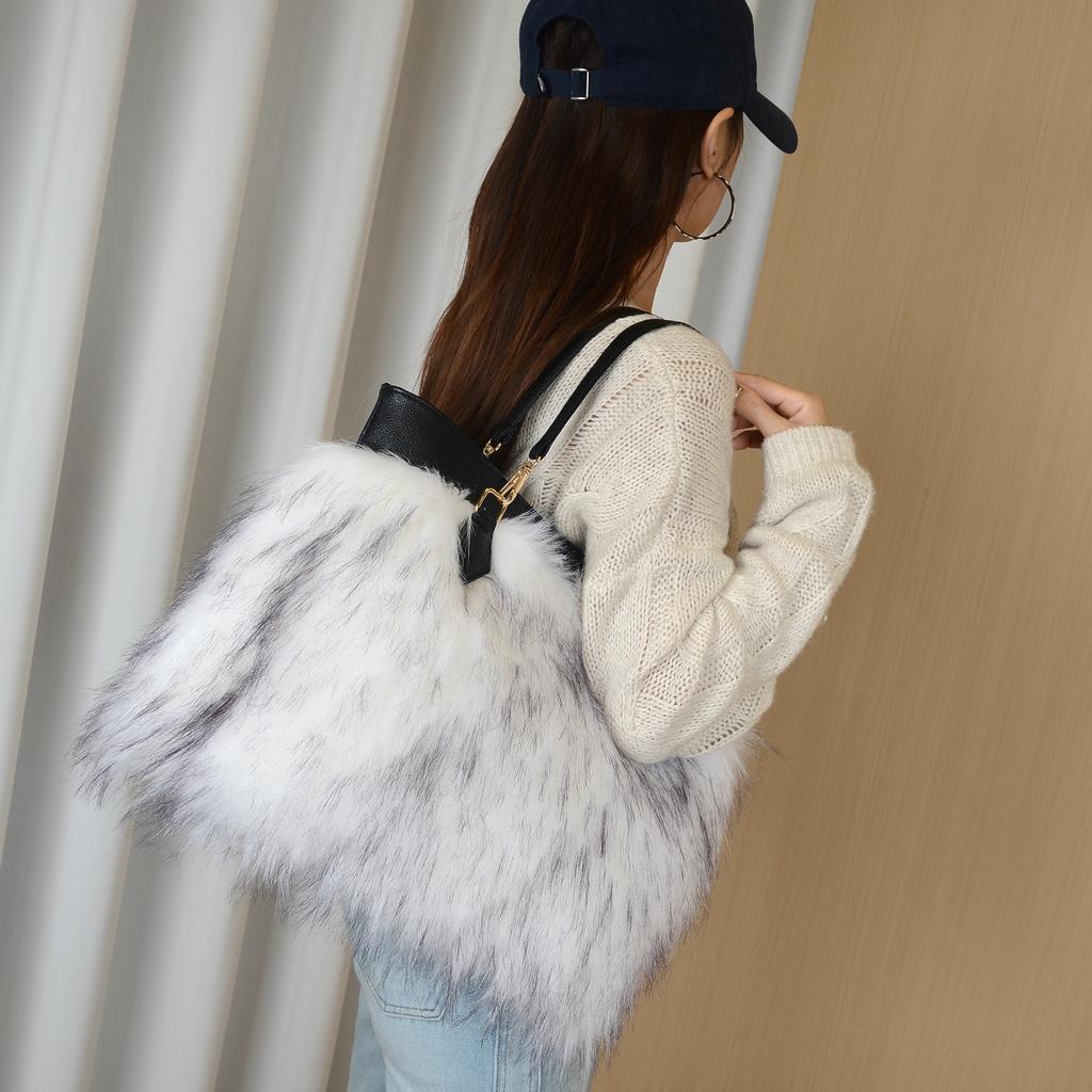 Bolso de Hombro de Felpa Imitación Piel para Mujer, Color Contrastante, Portátil, Gran Capacidad, Bolso de Moda Europeo y Americano, Explosión de Verano