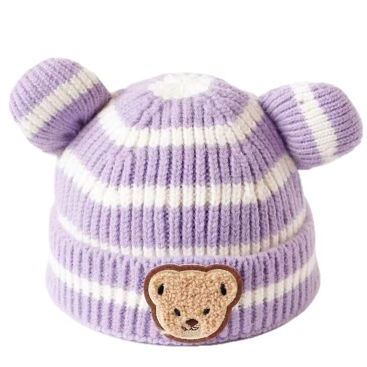 Trendige Koreanische Wollmütze mit Bommel für Babys & Kleinkinder - Herbst & Winter Bärenohren-Schutz-Design