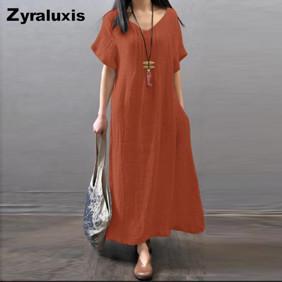 Summer Cotton Linen Loose Casual Solid Pocket Dress Women's Clothing