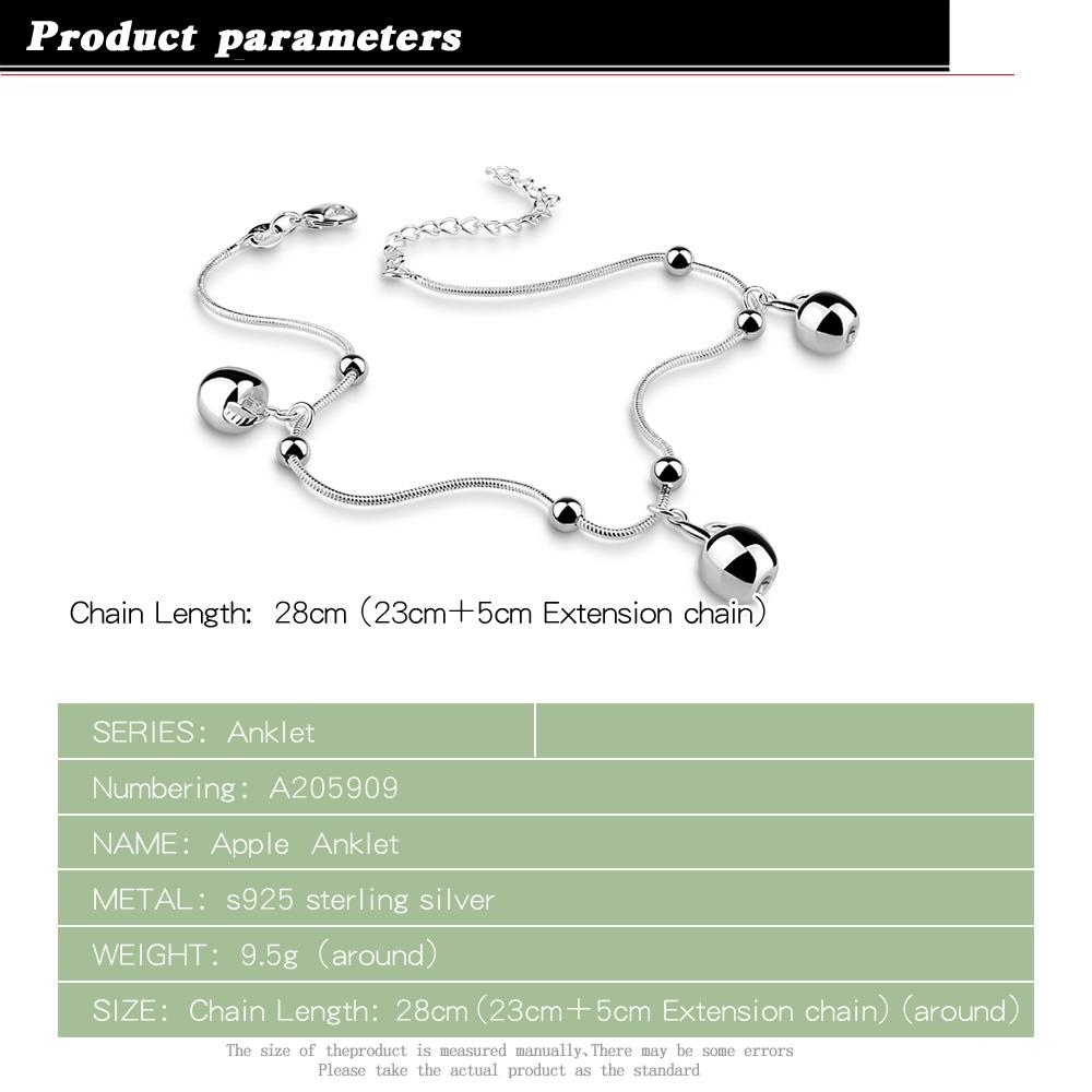 Simple Cute Girl Apple Anklets 100 %925 Sterling Silver Women Foot Jewelry Beach Barefoot Sandals Bracelet On The Leg Ankle