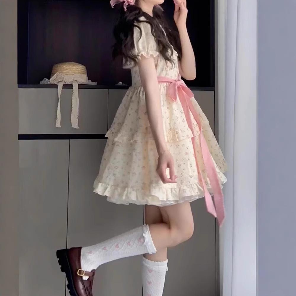 Sweet floral doll collar dress women's summer bubble sleeves small princess cake dress waist fluffy dress