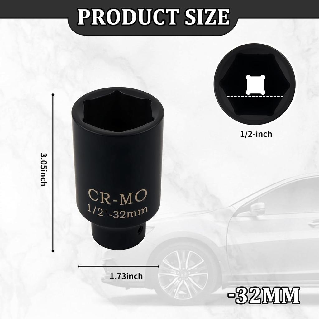 32Mm Socket 1/2 Drive With 6 Point Design,Anti-Rust Axle Nut Sockets Set For Quick Shaft Nut Removal,Professional Deep Impact Socket Set 1/2 Drive