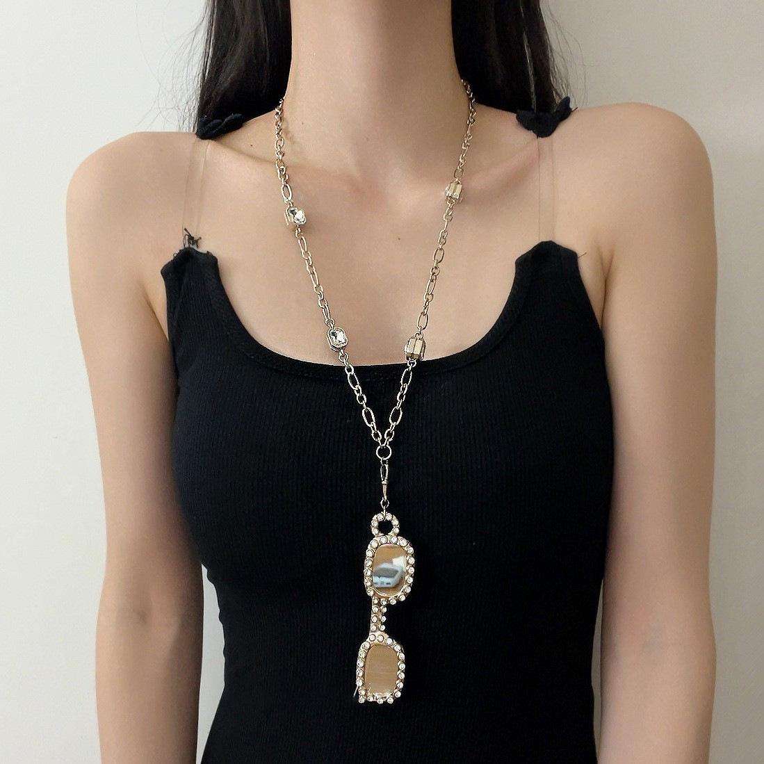 

Casual Versatile Zircon Square Glasses Pendant Necklace Accessories Women s Sweater Chain Exaggerated Necklace Women s