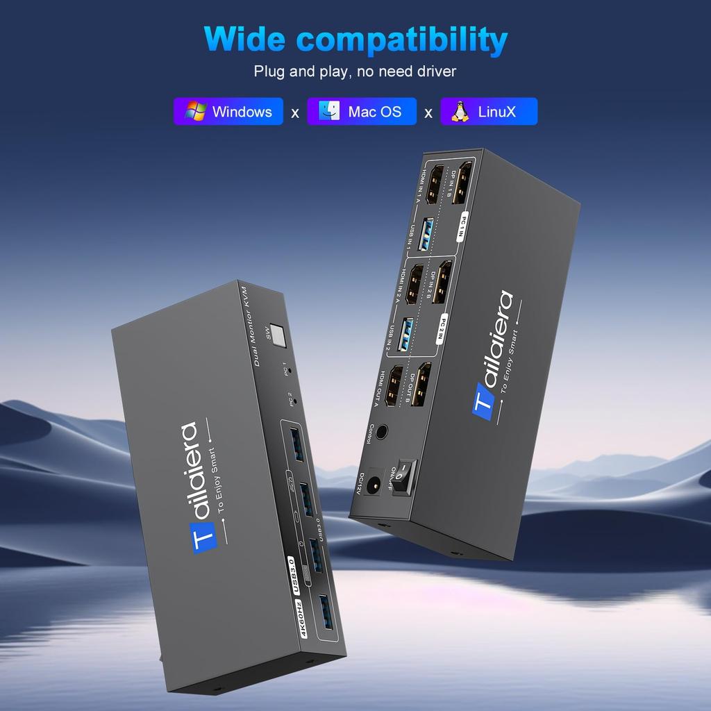 HDMI DP KVM Switch 4K@60Hz 2 Monitor 2 Computer, 2 Input 2 Output Switch, 4 USB 3.0 Ports for Sharing 2 Monitors/Keyboard/Mouse/Printer Between 2 Comp