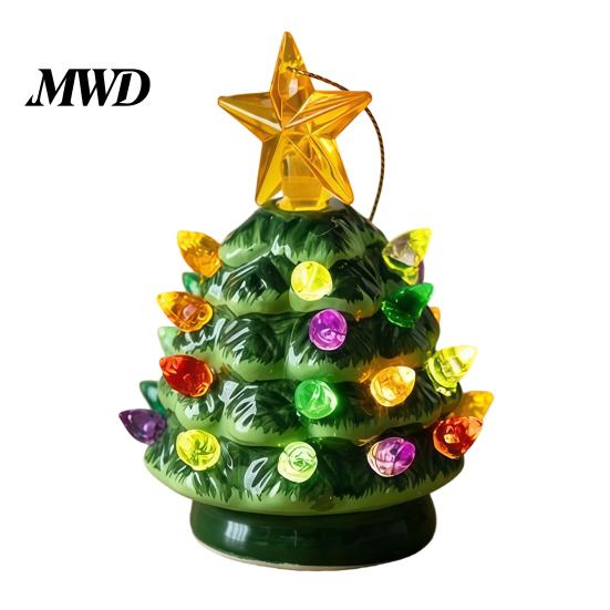 Office Desk Holiday Decorations Christmas Tree Ornament, Glowing Retro Resin Tabletop Decor with Star Mini Topper, Vintage Xmas Trees Night Light for