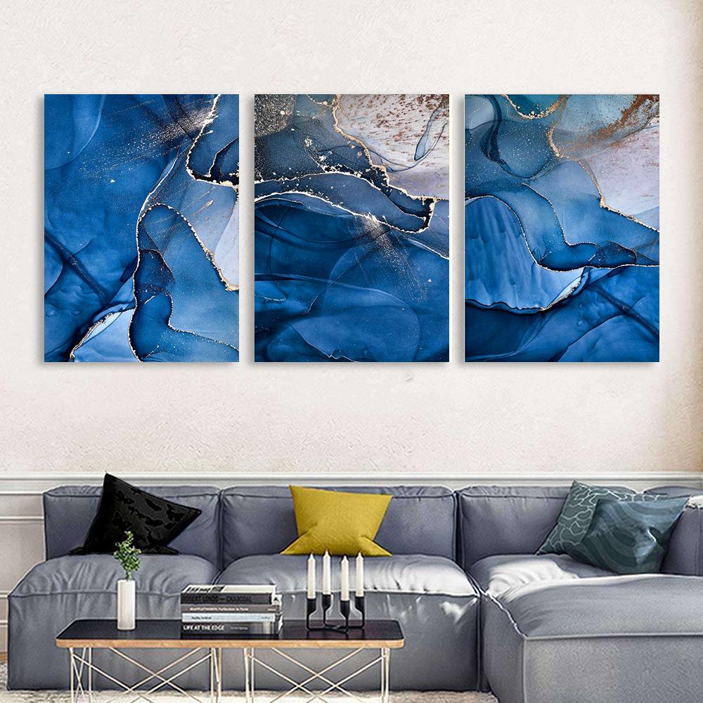 Abstract Blue & White Wall Art Modern Minimalist Unframed Canvas Prints for Living Room No Frame