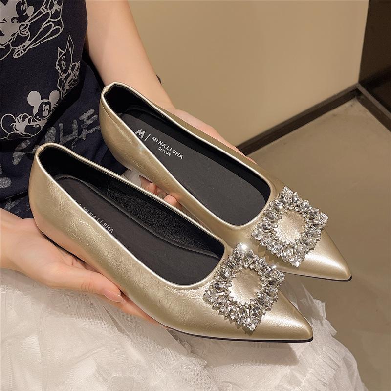 One-pedal women's shoes 2025 spring new French versatile rhinestone temperament Mary Jane shoes thick heel shallow mouth large size single shoes