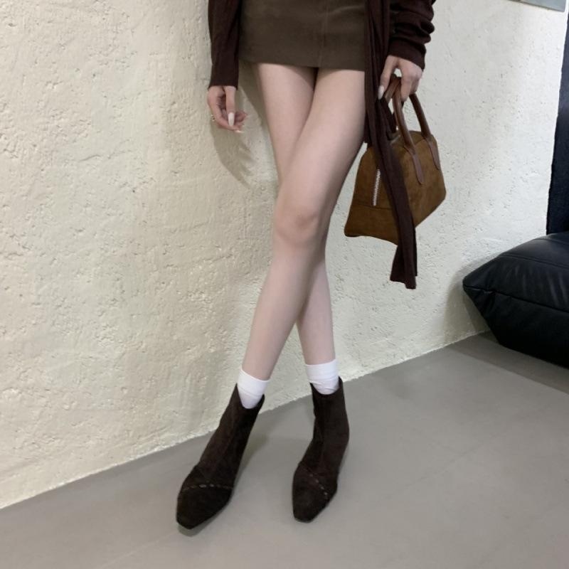 French Niche Weaving Design Wedge Heel Thin Boots Women's Autumn and Winter Temperament Versatile Suede Rear Zipper Bare Boots