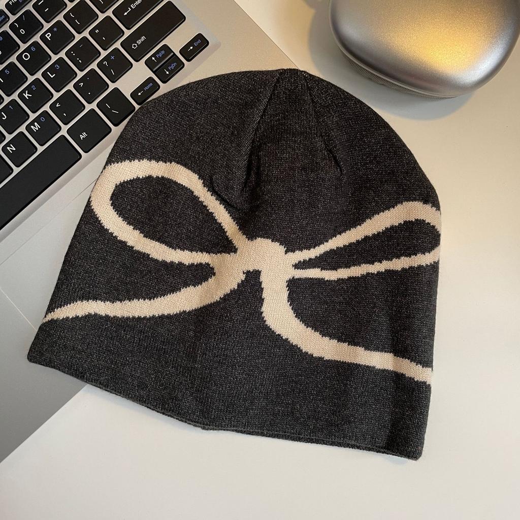 Autumn and Winter Korean Bow Printed Knitted Hat Retro Cute Elastic Versatile Cold Hat Warm Wool Hat