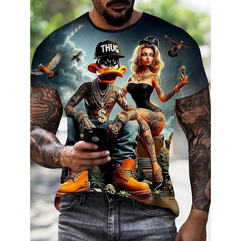 Fun Cartoon Duck Print Men's T-Shirt Casual Summer Casual Short Sleeve Pullover Fashion T-Shirts Outdoor Male Overszied Clothing