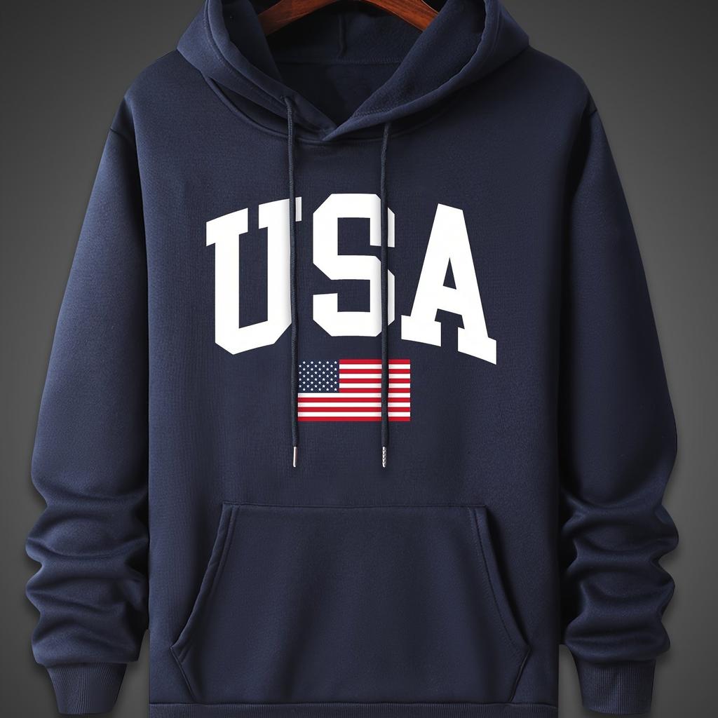 Men's autumn/winter hoodie, simple American flag print, comfortable hooded sweatshirt
