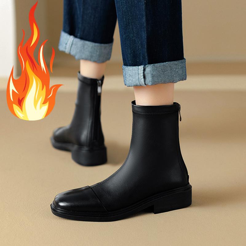 

Korean Style Women s Boots Fashion Elegant Back Zip Comfortable Non-slip Lightweight Square Toe Thick Sole Shoes 34