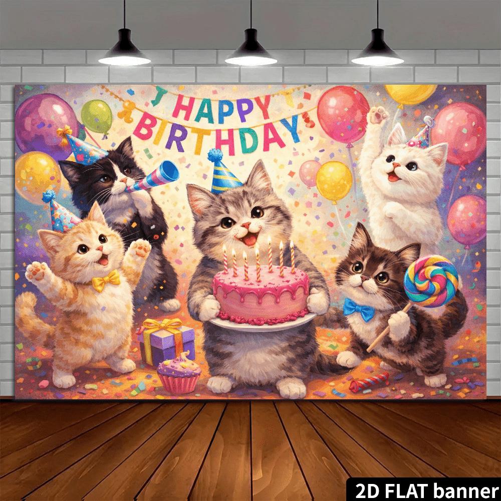 2D oil painting style cat birthday background paired with five cute cats and pink cake elements