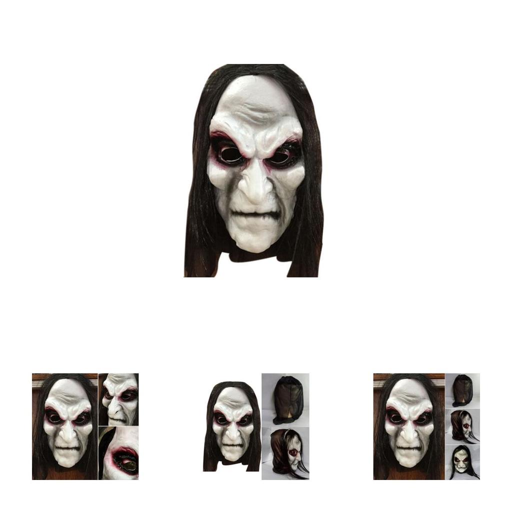 מסכת האלווין איכותית שחורה עם שיער ארוך, כיסוי ראש מלא למסיבות קוספליי מפחידות