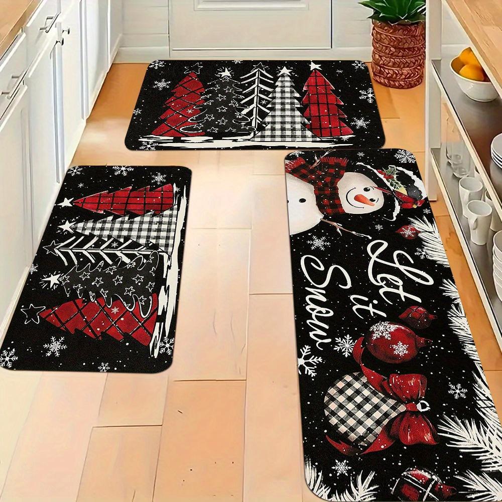 Christmas Plaid Tree Snowman Snowflake Kitchen Rug Set Non Slip Washable Floor Mat Indoor Holiday Decor