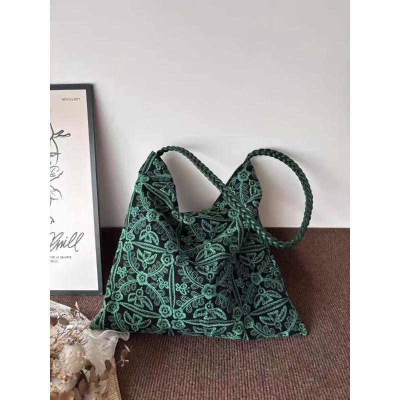 

Green Forest Woven Embroidered Canvas Bag Large Capacity Original Niche Handmade Cloth Bag Versatile Simple Tote Bag