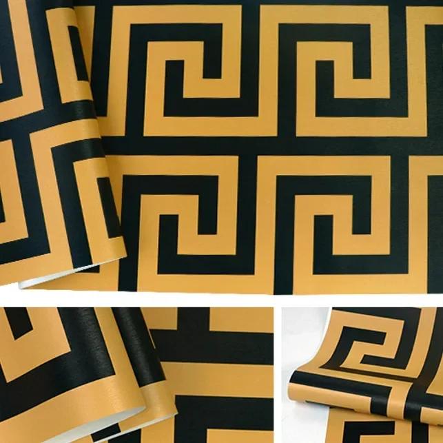 

3D Геометрические Обои Черные Роскошные Сатиновые Обои с Греческим Ключом Домашний Декор Несамоклеящиеся Обои для Гостиной Спальни 53cmx3m