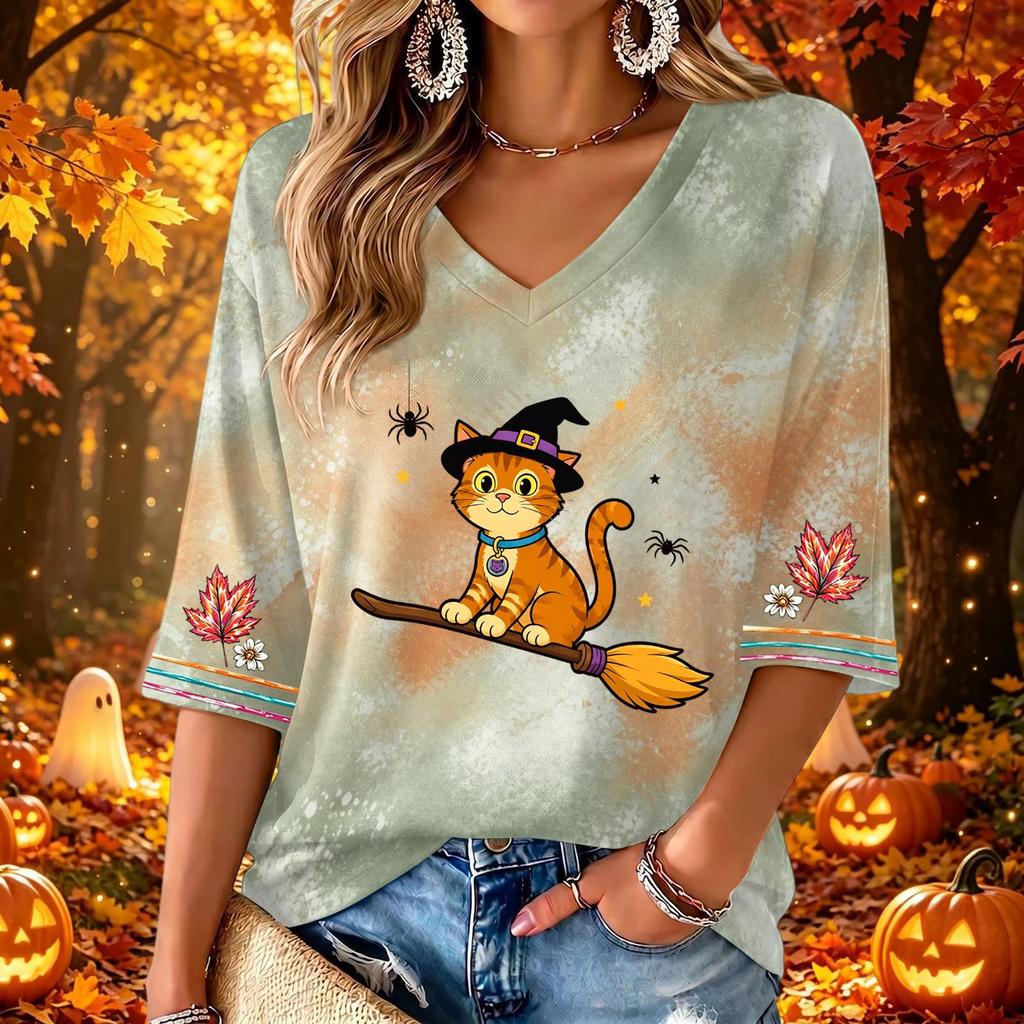 Women's Fashion V-Neck Printed 3/4 Sleeve Casual Top for Halloween