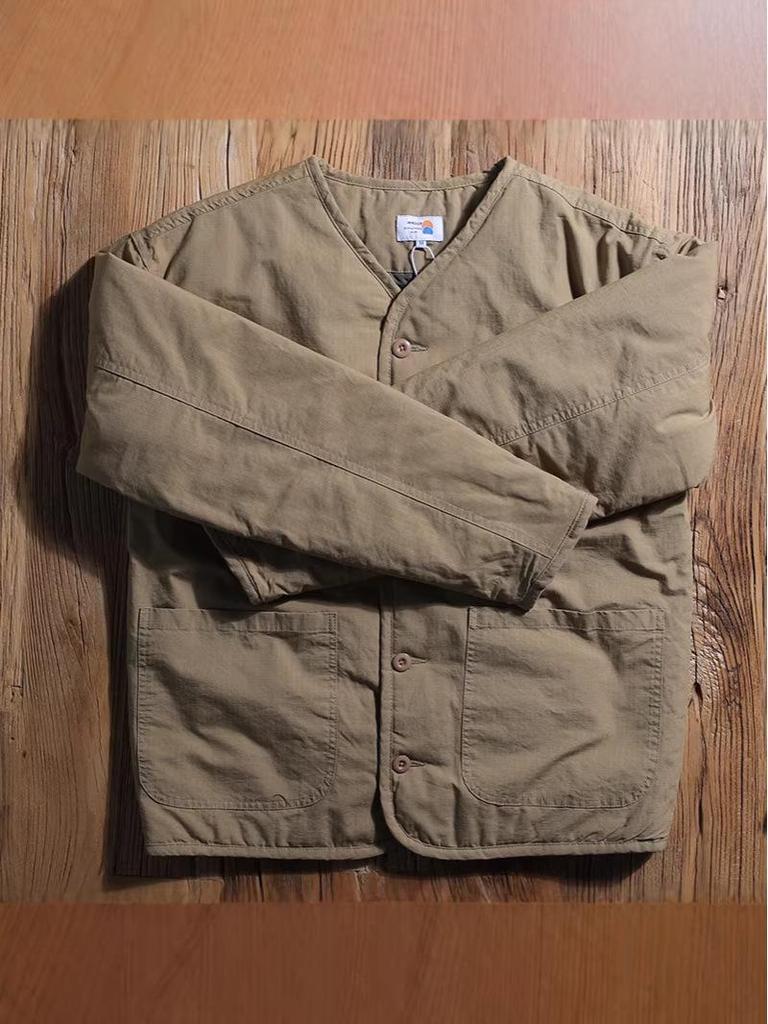 Men's Winter Japanese Retro Collarless Quilted Cotton Jacket for Outdoor Sports