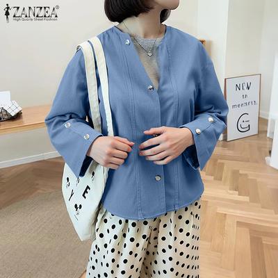 Women Casual Round Neck Loose 3/4 Sleeve Solid Blouse