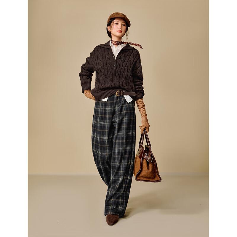 INMAN Women's Retro Maillard Cable Knit Turn-down Collar Wool Blend Sweater