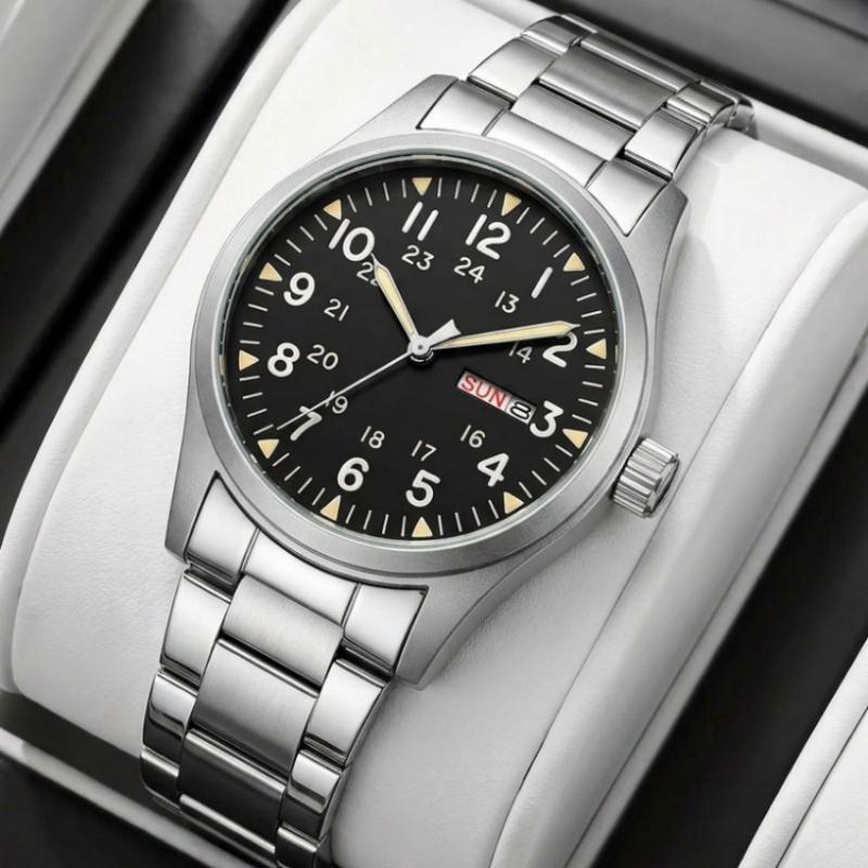 Heren 38mm Lichtgevende Wijzerplaat Dag Datum Horloge Licht op in het Donker Groen 30M Waterdicht Veldhorloge met Roestvrijstalen Band Beste Cadeaus Klok