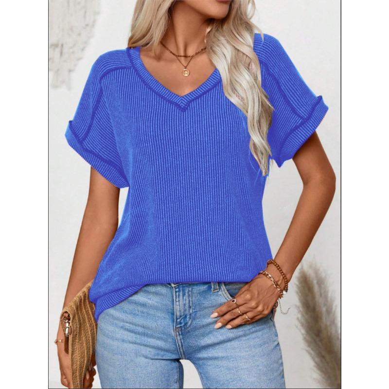YYFS Women's Fashion Casual Summer Spring Solid Color Print Short Sleeve V-Neck Blouses & Shirts