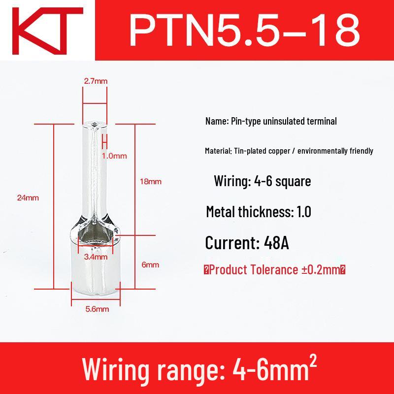 Kaisitong Pin Type Bare Crimp Terminal Block for Red Copper Cold Crimping (PT0.5-10PTN3.5-12/5.5-13/18)