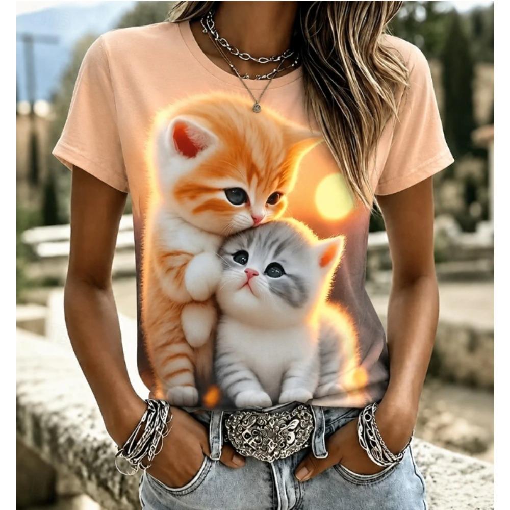 Mode Femme Rétro Créatif Impression Motif Chat T-shirt Drôle Décontracté Col Rond Manches Courtes T-shirt Été Féminin Tee Shirt