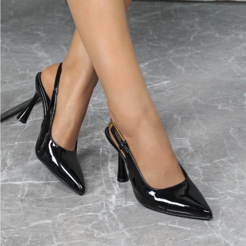 Black Mirror Pointed Toe High Heels Women's Simple Versatile Shoes Fashion Sexy Slingback Shoes Elegant Mules Sandals Female