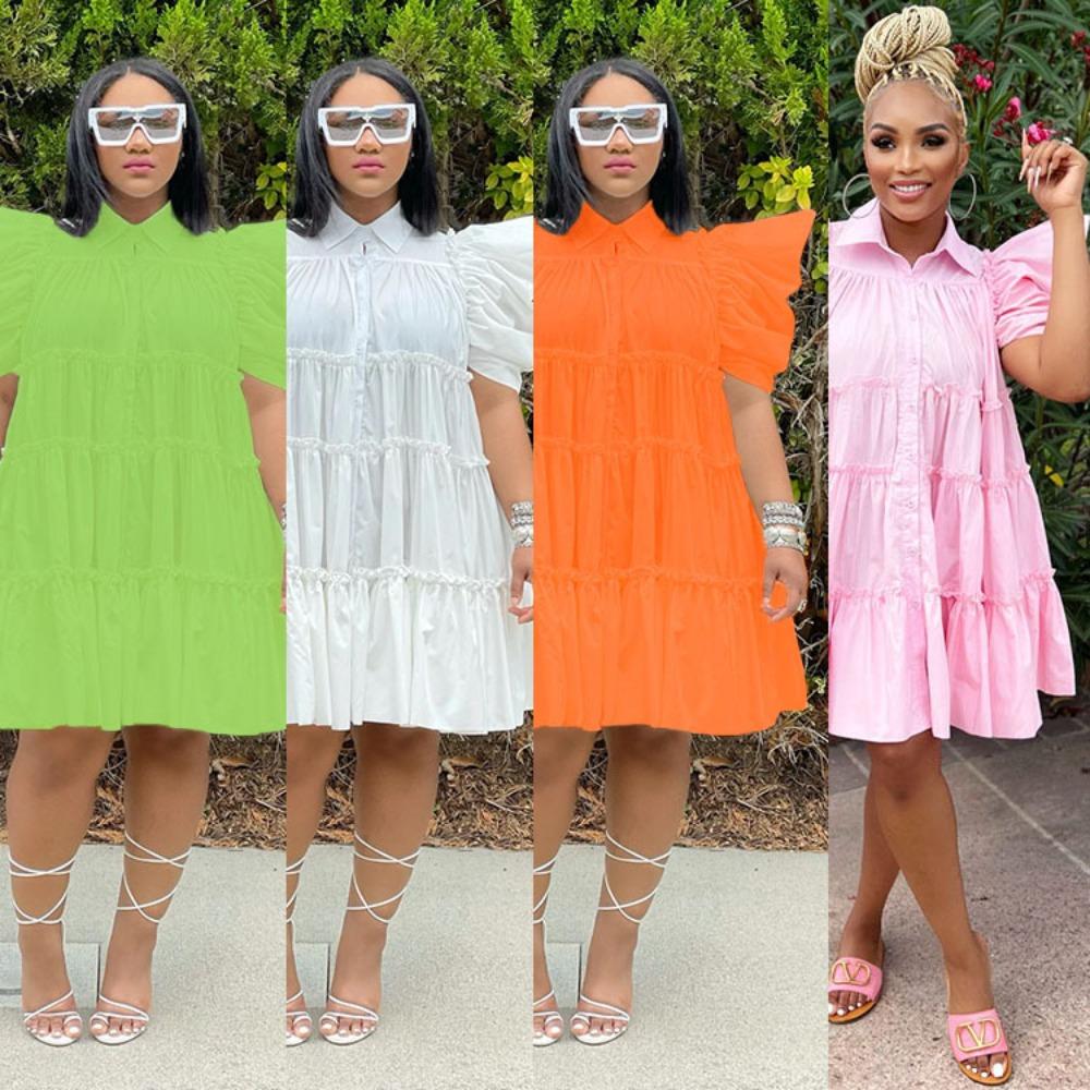 Women's Polo Collar Short Sleeve Loose Fit High Waist Sweet Mini Dress Shirt Dress Solid Cotton Ruffle Tiered Puff Sleeve Summer Casual Flared Dress