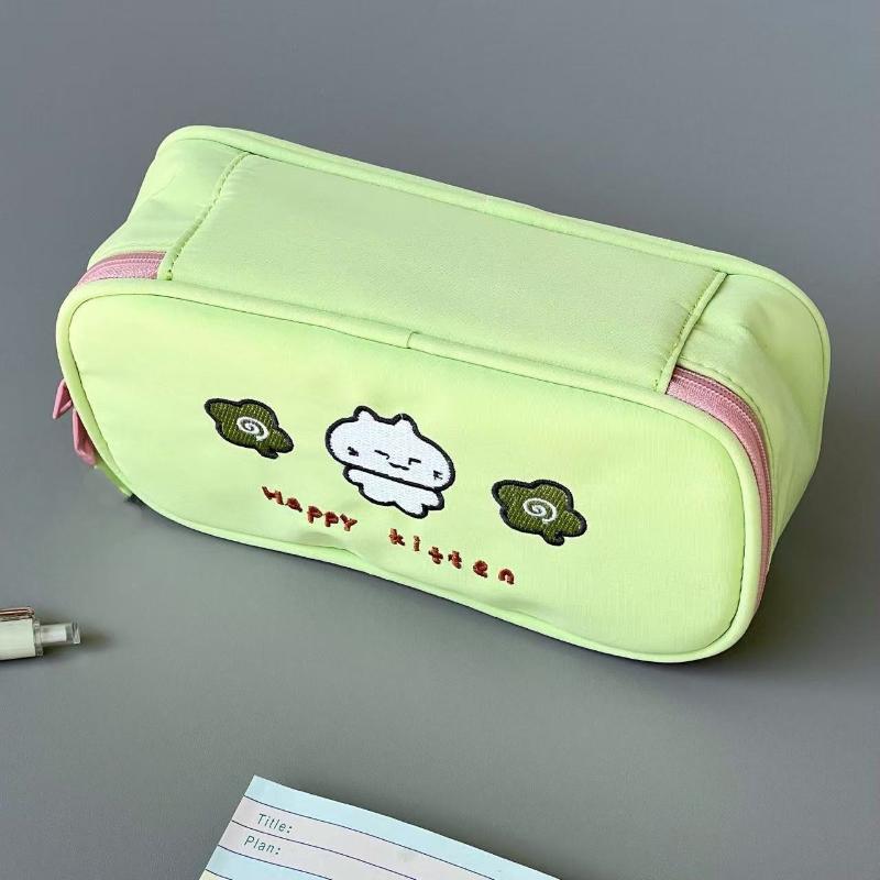 Cute Four Leaf Clover Kitten Pencil Case Cartoon Large Capacity Zipper Pencil Bag Student Stationery Storage Bag School Supplies